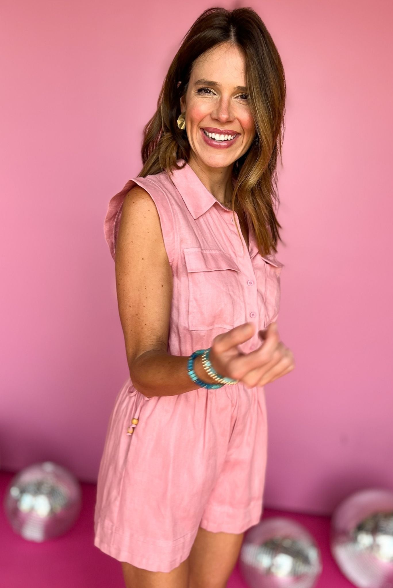 Pink Collared Sleeveless Button Down Front Patch Pocket Romper, must have romper, summer romper, must have style, summer style, spring fashion, elevated style, elevated romper, mom style, shop style your senses by mallory fitzsimmons, ssys by mallory fitzsimmons