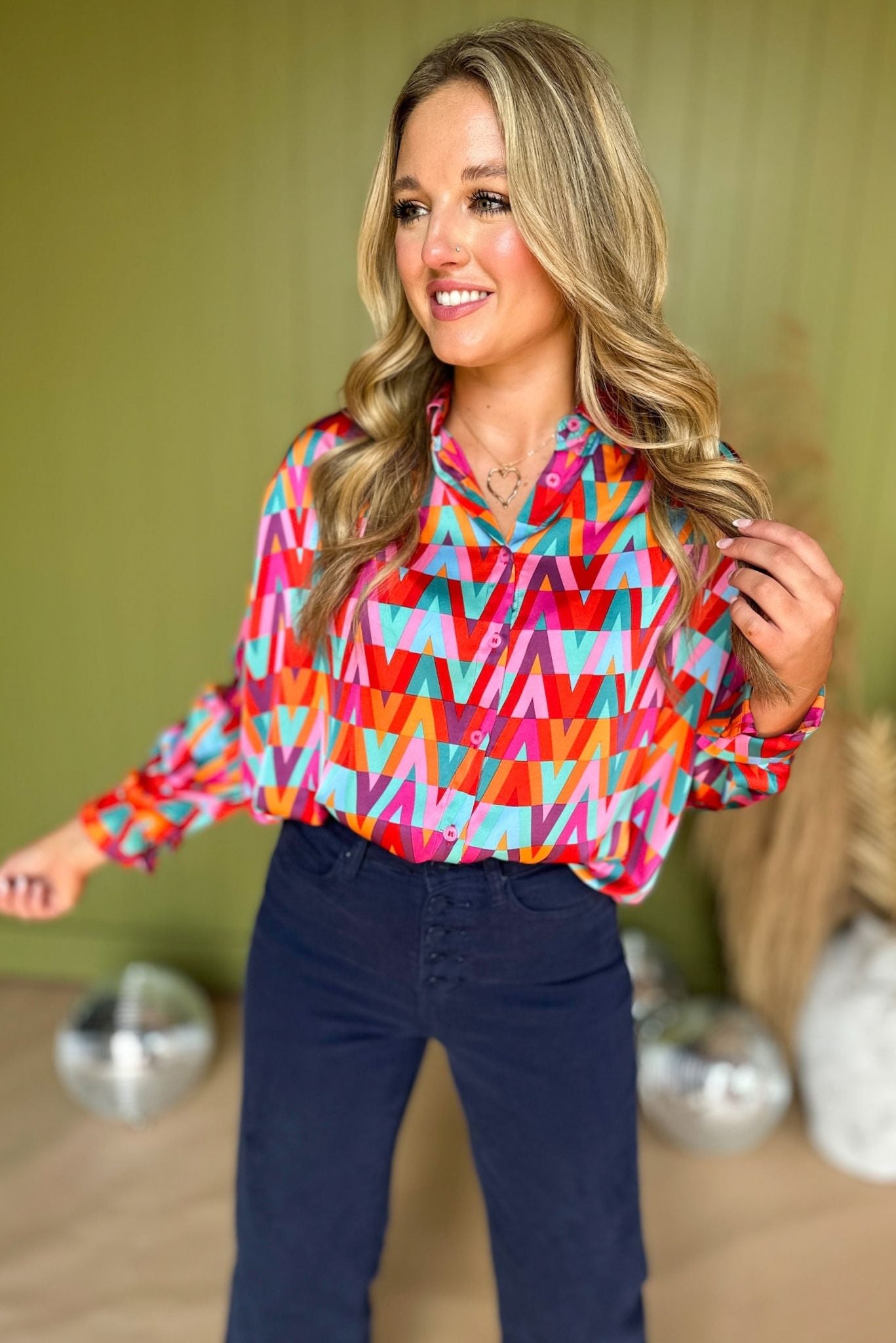 Magenta Abstract Printed Button Front Long Sleeve Top, must have top, must have style, must have fall, fall collection, fall fashion, elevated style, elevated top, mom style, fall style, shop style your senses by mallory fitzsimmons