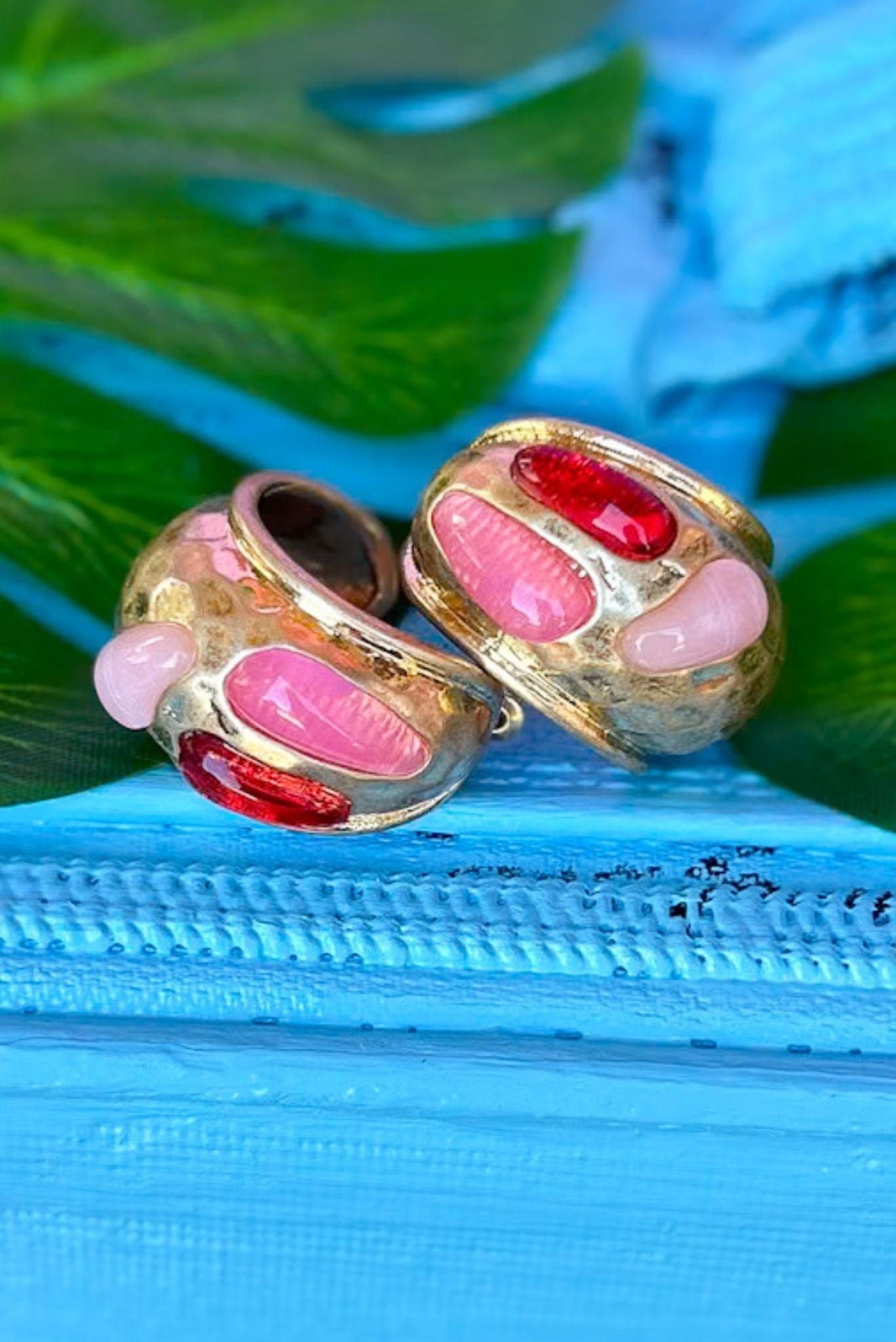 Fuchsia Natural Stone Accented Hammered Metal Hoop Earrings, accessory, earrings, must have earrings, shop style your senses by mallory fitzsimmons