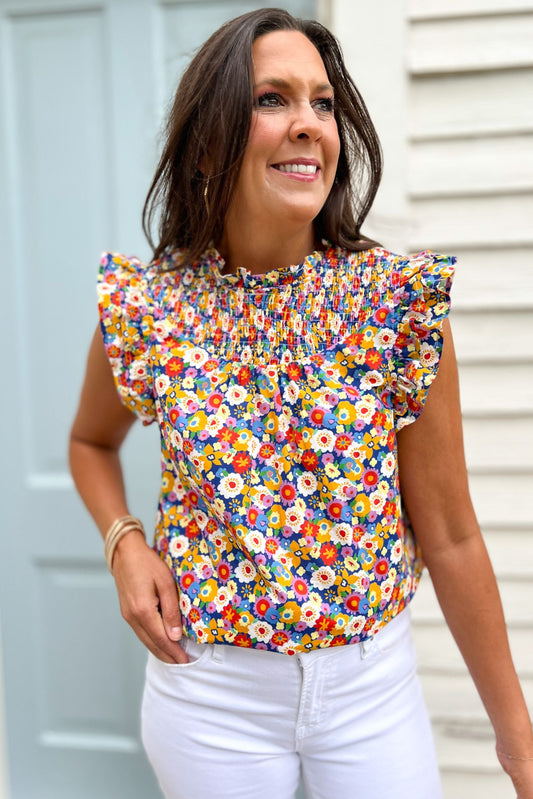 SSYS The Annabelle Smock Neck Top In Navy Floral, ssys top, ssys the label, elevated top, must have top, Fourth of July collection, must have style, mom style, summer style, shop style your senses by MALLORY FITZSIMMONS, ssys by MALLORY FITZSIMMONS