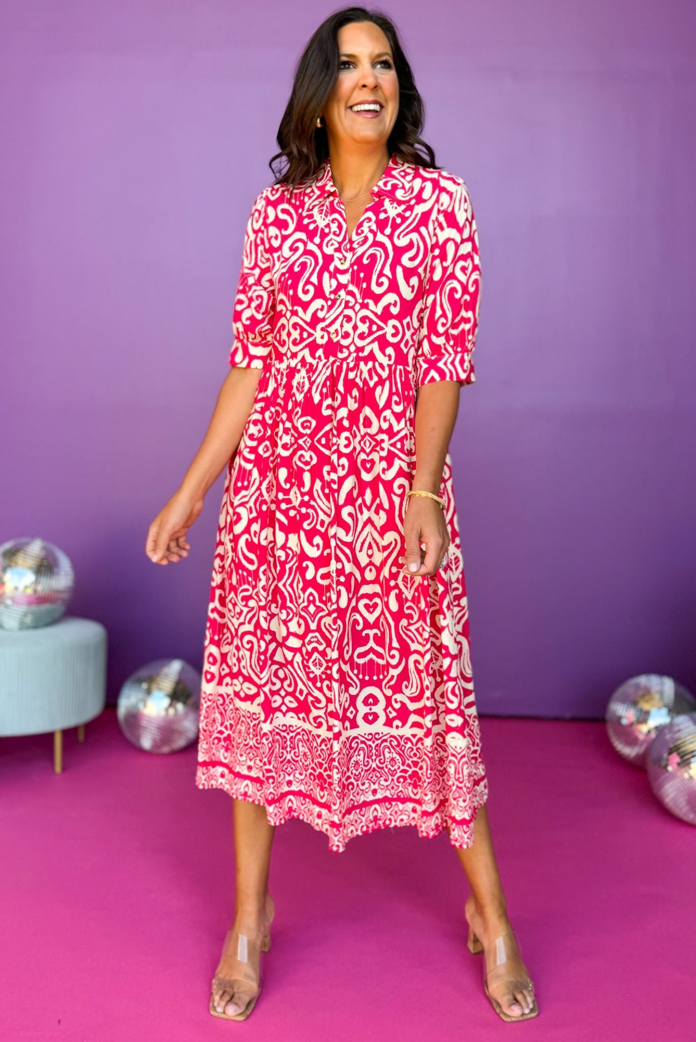 Fuchsia Paisley Printed Split Neck Collared Elbow Sleeve Dress *FINAL SALE*