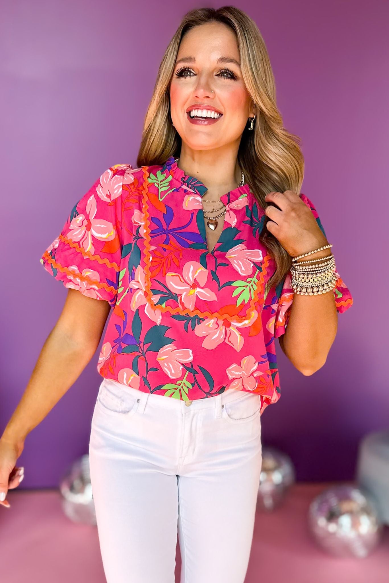 Pink Floral Printed Split Neck Wave Trim Short Sleeve Top, ric rac top, floral top, must have top, must have style, office style, spring fashion, elevated style, elevated top, mom style, work top, shop style your senses by mallory fitzsimmons, ssys by mallory fitzsimmons