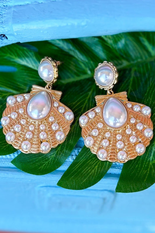 Gold Pearl Embellished Seashell Dangle Earrings, accessory, earrings, must have earrings, spring accessory, summer accessory, shop style your senses by mallory fitzsimmons, ssys by mallory fitzsimmons