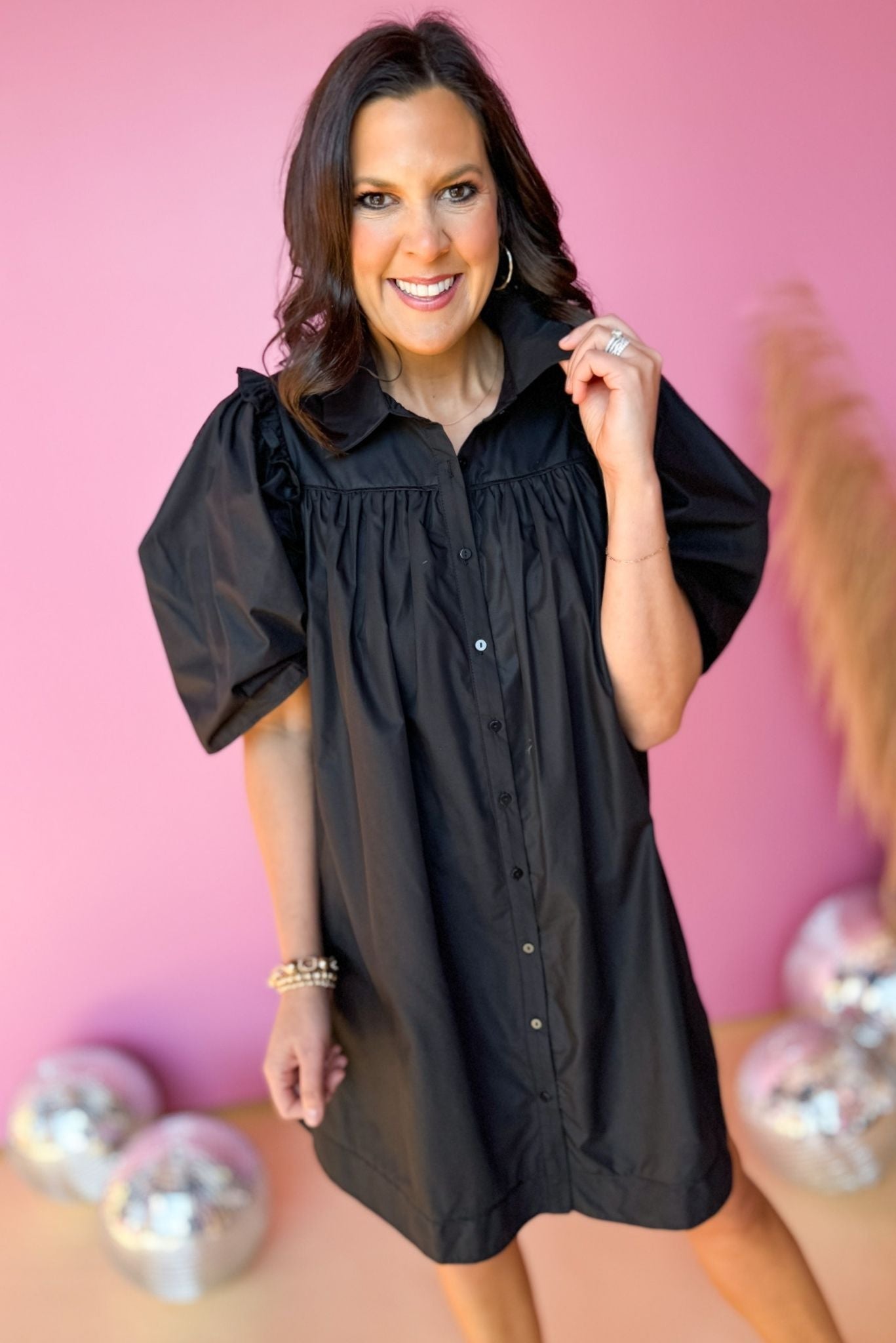 Black Poplin Collared Button Down Frill Puff Sleeve Dress, Western dress, western style, rodeo style, concert style, must have concert, must have style, elevated dress, elevated style, spring style, must have spring dress, mom style, shop style your senses by Mallory Fitzsimmons, says by Mallory Fitzsimmons