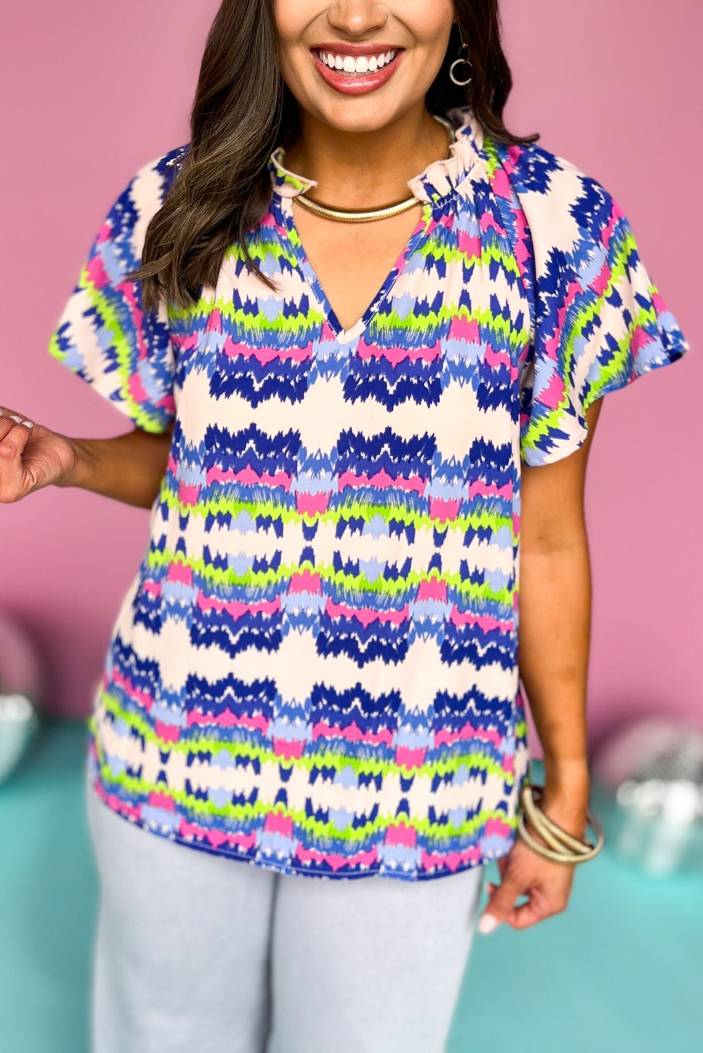Blue Multi Print Frill Neck Short Sleeve Top, printed top, office top, must have top, must have style, summer style, spring fashion, elevated style, elevated top, mom style, shop style your senses by mallory fitzsimmons, ssys by mallory fitzsimmons  Edit alt text