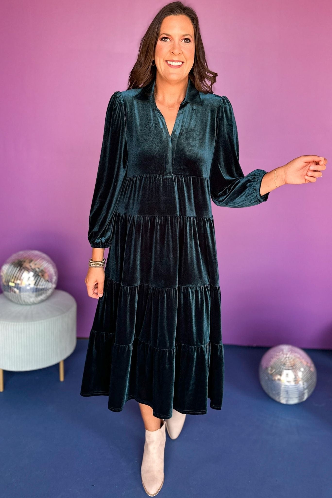 SSYS The Lillian Dress In Hunter Velvet, SSYS the label, ssys dress, must have dress, must have print, must have style, elevated style, elevated dress, mom style, shop style your senses by mallory fitzsimmons