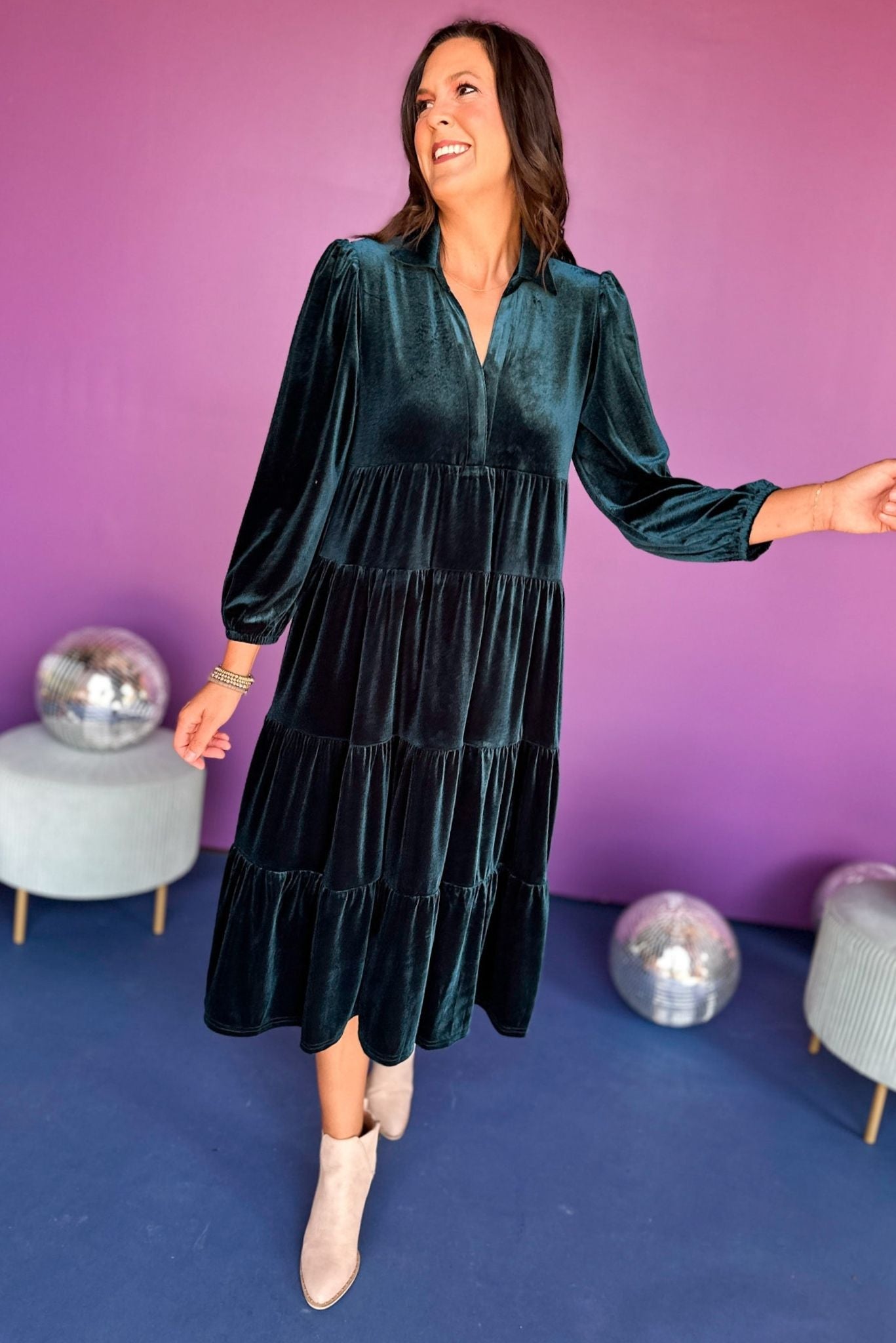 SSYS The Lillian Dress In Hunter Velvet, SSYS the label, ssys dress, must have dress, must have print, must have style, elevated style, elevated dress, mom style, shop style your senses by mallory fitzsimmons