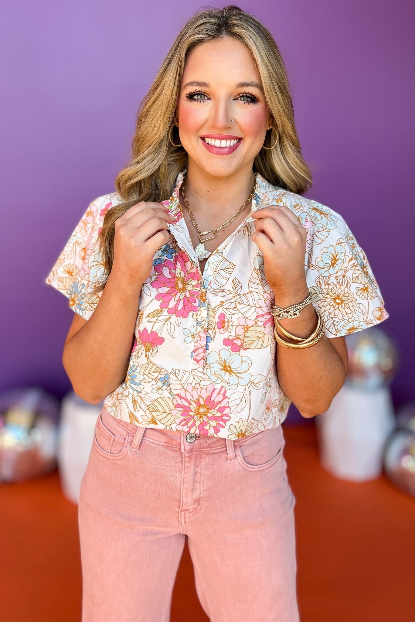 Off White Multi Floral Frill Neck Button Down Ruffle Detail Top, printed top, floral top, must have top, must have style, summer style, spring fashion, elevated style, elevated top, mom style, shop style your senses by mallory fitzsimmons, ssys by mallory fitzsimmons  Edit alt text