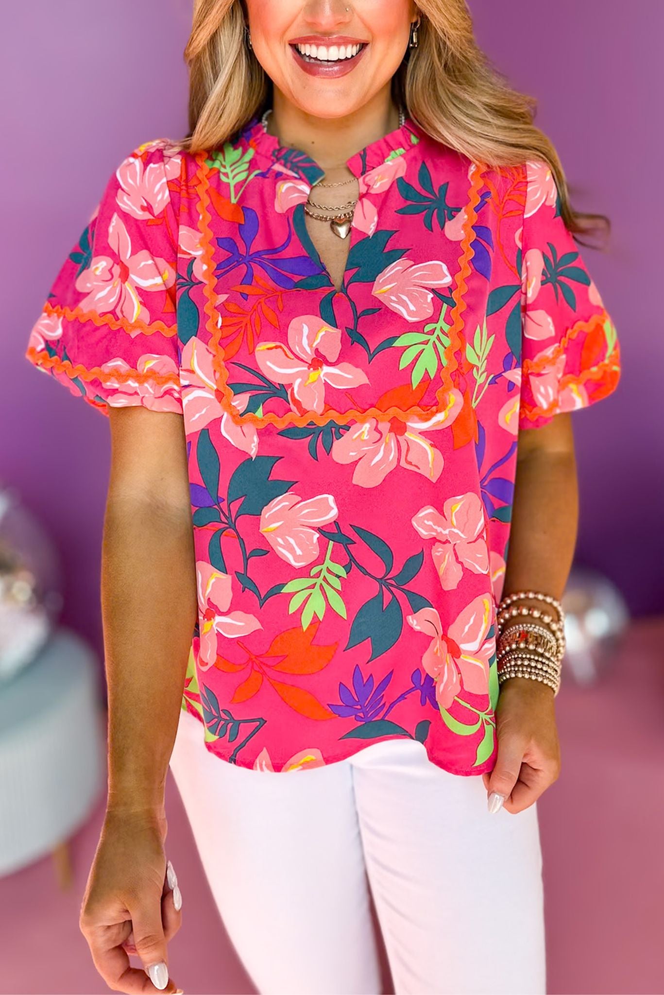 Pink Floral Printed Split Neck Wave Trim Short Sleeve Top, ric rac top, floral top, must have top, must have style, office style, spring fashion, elevated style, elevated top, mom style, work top, shop style your senses by mallory fitzsimmons, ssys by mallory fitzsimmons