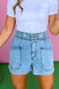 Light Denim Button Elastic Band Front Pocket Shorts, must have shorts, elevated shorts, spring fashion, spring shorts, mom style, summer fashion, shop style your senses by Mallory Fitzsimmons, ssys by Mallory Fitzsimmons