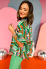 Green Abstract Printed Neck Detail Short Sleeve Top