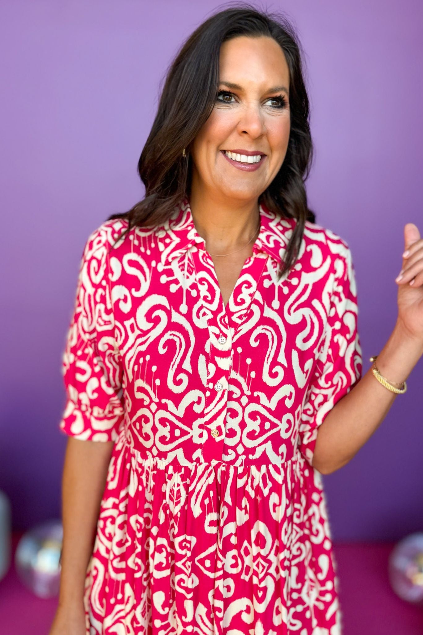 Fuchsia Paisley Printed Split Neck Collared Elbow Sleeve Dress *FINAL SALE*