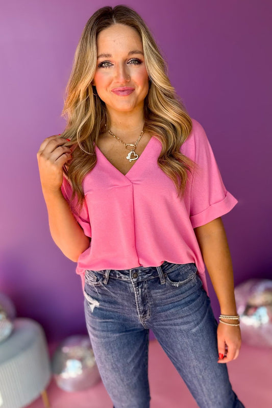 Pink V Neck Short Sleeve Knit Top, must have top, must have style, office style, spring fashion, elevated style, elevated top, mom style, work top, shop style your senses by mallory fitzsimmons