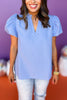 Blue Split Neck Frilled Collared Puff Short Sleeve Top, frill detail top, pastel top, must have top, must have style, summer style, spring fashion, elevated style, elevated top, mom style, shop style your senses by mallory fitzsimmons, ssys by mallory fitzsimmons  Edit alt text