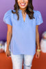 Blue Split Neck Frilled Collared Puff Short Sleeve Top, frill detail top, pastel top, must have top, must have style, summer style, spring fashion, elevated style, elevated top, mom style, shop style your senses by mallory fitzsimmons, ssys by mallory fitzsimmons Edit alt text