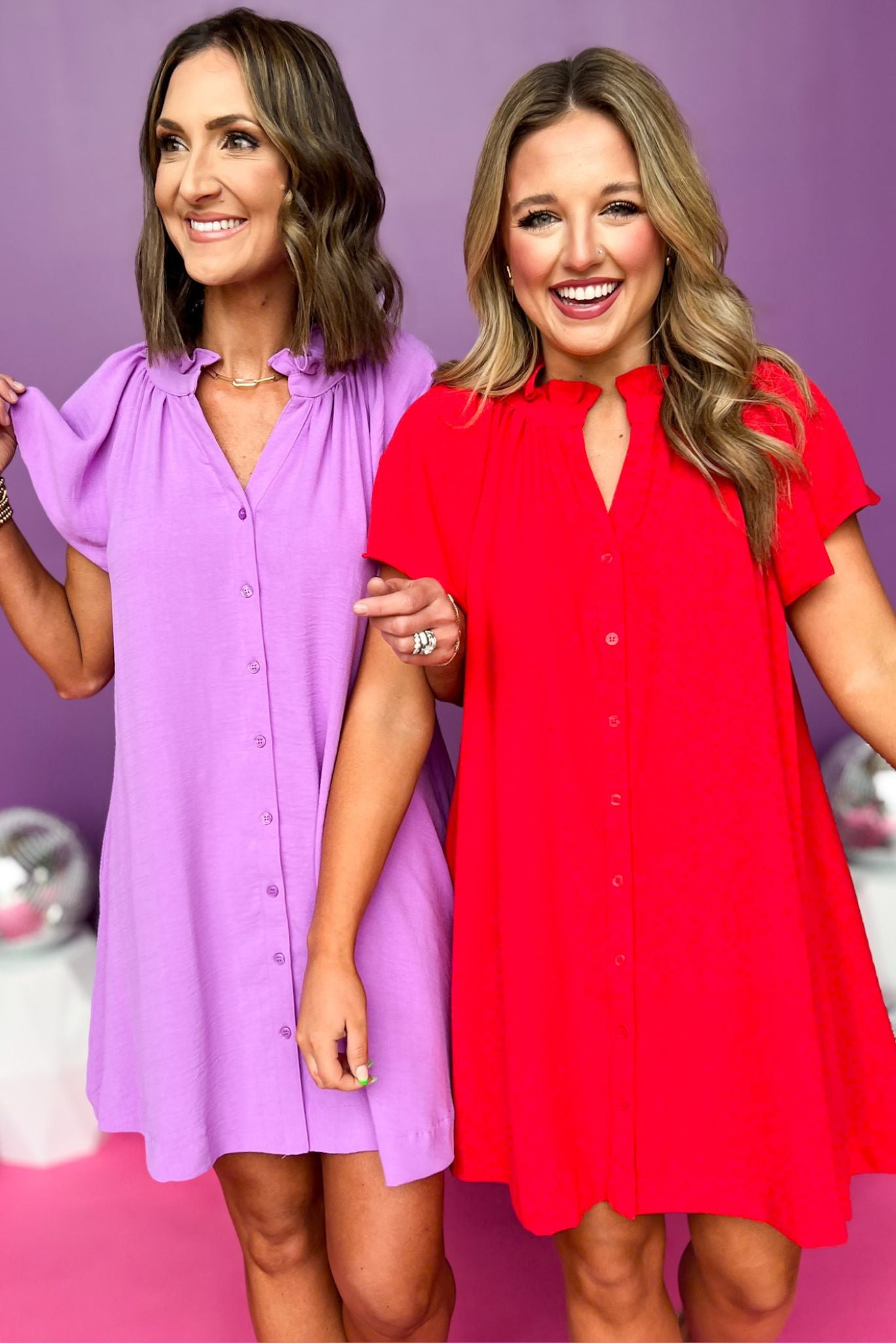 Orchid Frill Neck Ruffle Sleeve Button Down Dress, button down dress, must have dress, must have style, church style, brunch style, spring fashion, elevated style, elevated style, mom style, shop style your senses by mallory fitzsimmons, ssys by mallory fitzsimmons Edit alt text
