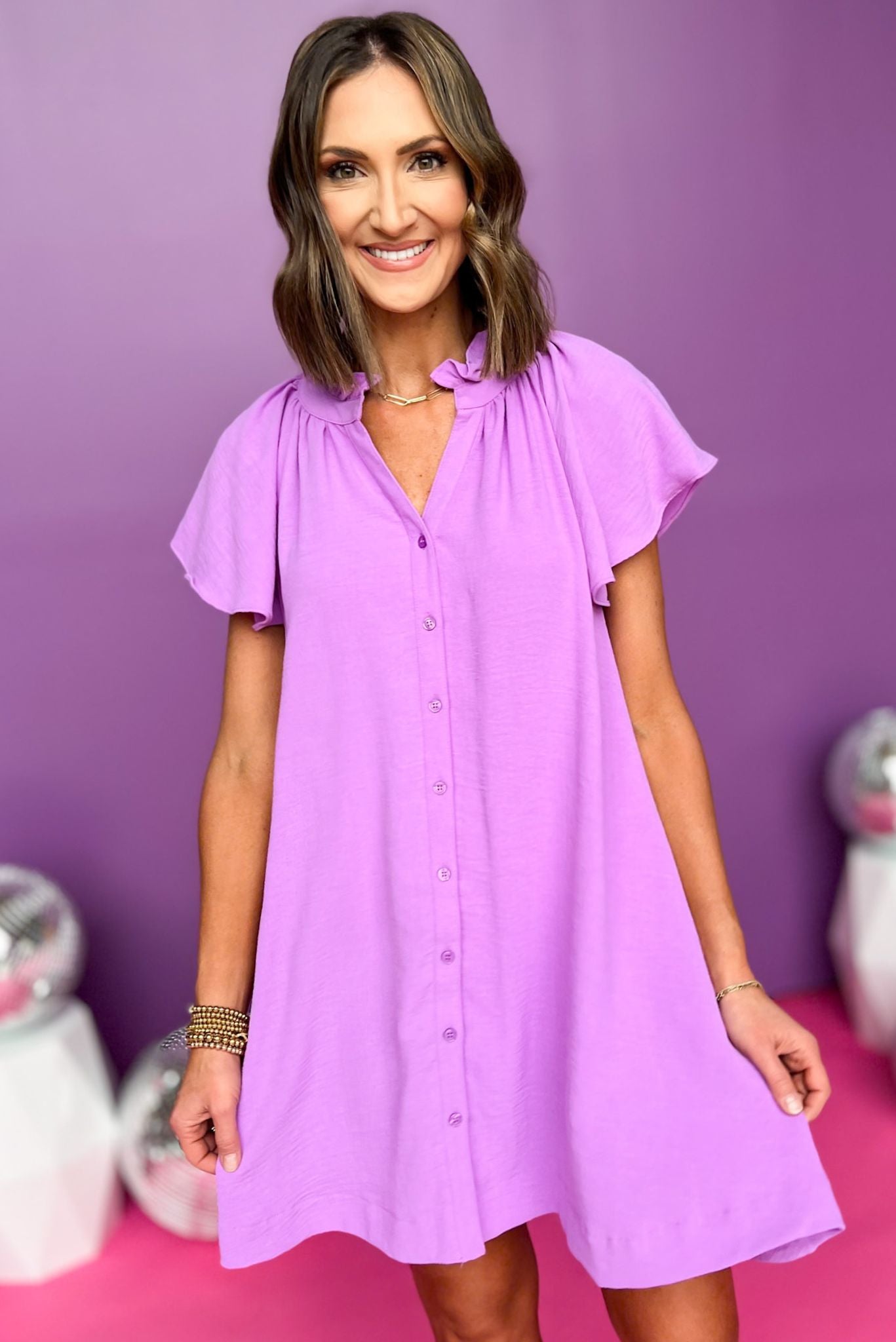 Orchid Frill Neck Ruffle Sleeve Button Down Dress, button down dress, must have dress, must have style, church style, brunch style, spring fashion, elevated style, elevated style, mom style, shop style your senses by mallory fitzsimmons, ssys by mallory fitzsimmons