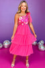 Hot Pink One Shoulder Flower Tulle Tiered Midi Dress, date night dress, elevated dress, cocktail dress, cocktail attire, elevated attire, mom style, fancy style, ssys by mallory fitzsimmons, shop style your senses by mallory fitzsimmons