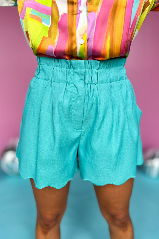 Turquoise High Rise Elastic Paper Bag Waist Scallop Hem Shorts, scallop shorts, must have shorts, spring shorts, brunch style, spring style, summer style, paperboy shorts, summer style, mom style, shop style your senses by mallory Fitzsimmons, ssys by Mallory Fitzsimmons