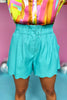 Turquoise High Rise Elastic Paper Bag Waist Scallop Hem Shorts, scallop shorts, must have shorts, spring shorts, brunch style, spring style, summer style, paperboy shorts, summer style, mom style, shop style your senses by mallory Fitzsimmons, ssys by Mallory Fitzsimmons