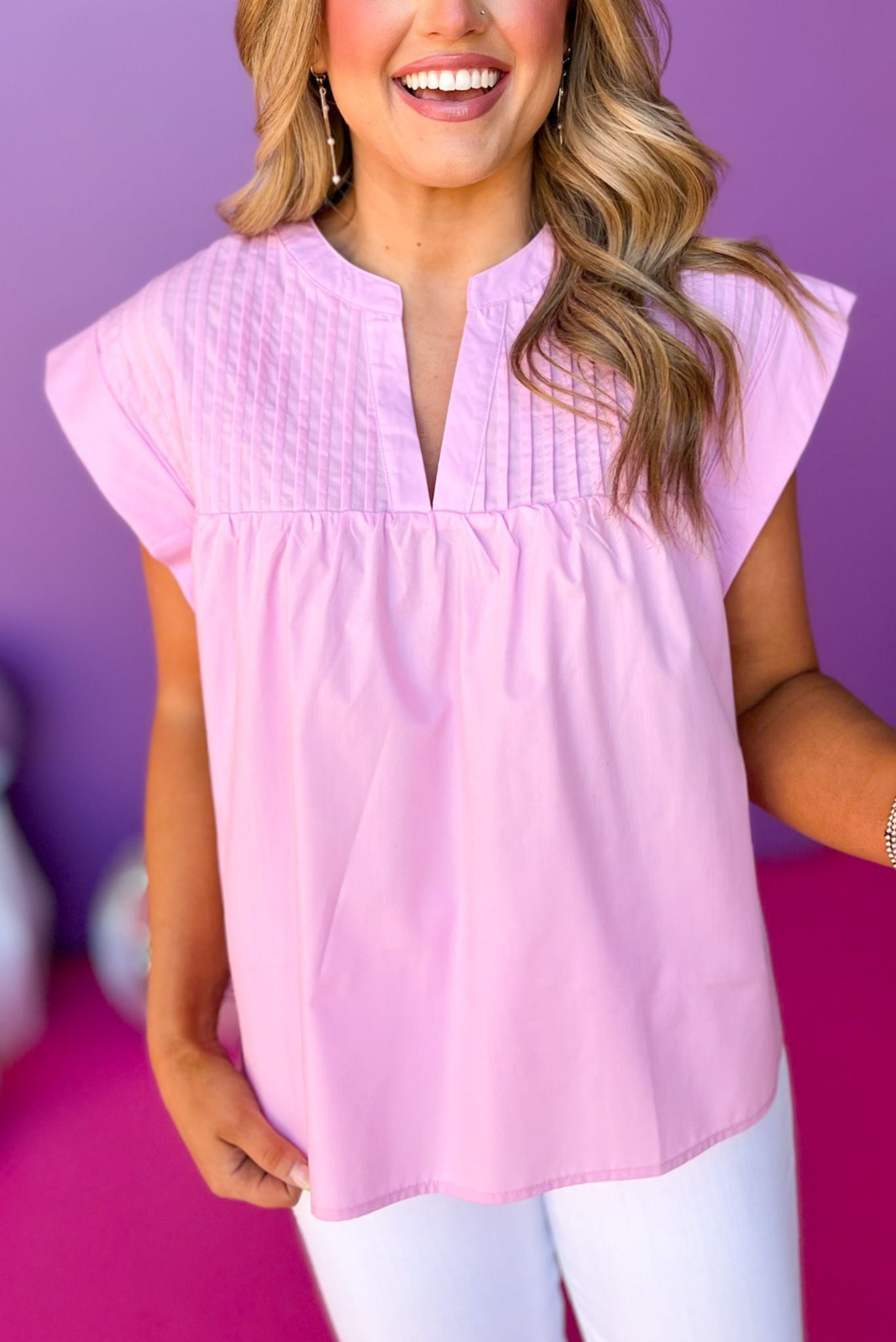 Pink Split Neck Banded Sleeve Poplin Top, must have top, must have style, summer style, spring fashion, elevated style, elevated top, mom style, shop style your senses by mallory fitzsimmons, ssys by mallory fitzsimmons Edit alt text