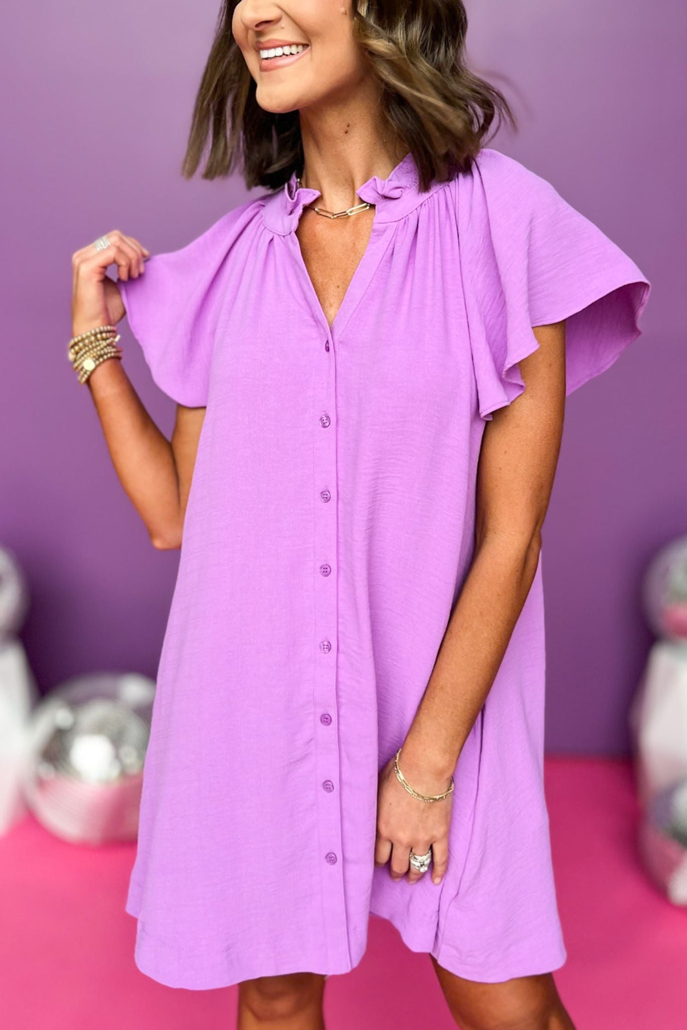 Orchid Frill Neck Ruffle Sleeve Button Down Dress, button down dress, must have dress, must have style, church style, brunch style, spring fashion, elevated style, elevated style, mom style, shop style your senses by mallory fitzsimmons, ssys by mallory fitzsimmons Edit alt text