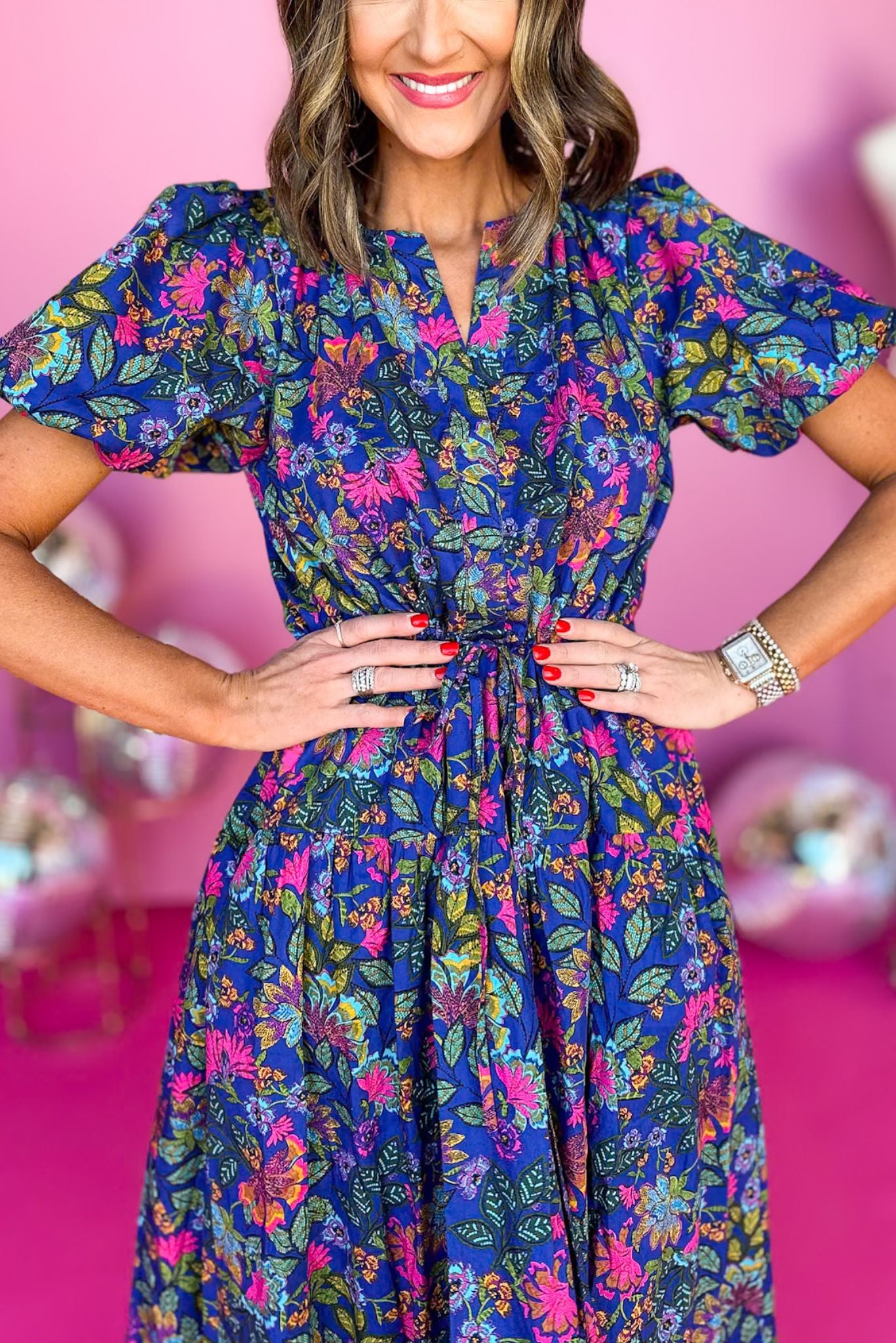 Cobalt Blue Puffed Sleeve Smocked Waist Mini Dress, must have dress, elevated dress, must have printed dress, floral dress, church style, brunch style mom style, shop style your senses by mallory fitzsimmons