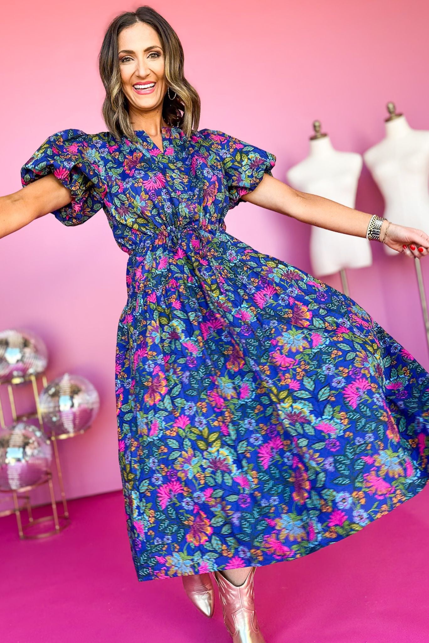 Cobalt Blue Puffed Sleeve Smocked Waist Mini Dress, must have dress, elevated dress, must have printed dress, floral dress, church style, brunch style mom style, shop style your senses by mallory fitzsimmons
