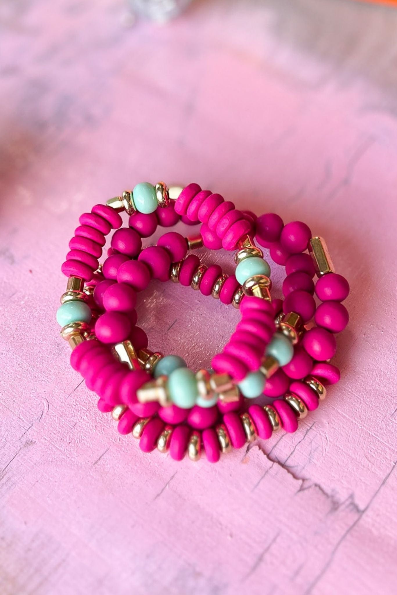 Fuchsia Colored Metallic Beaded Bracelets