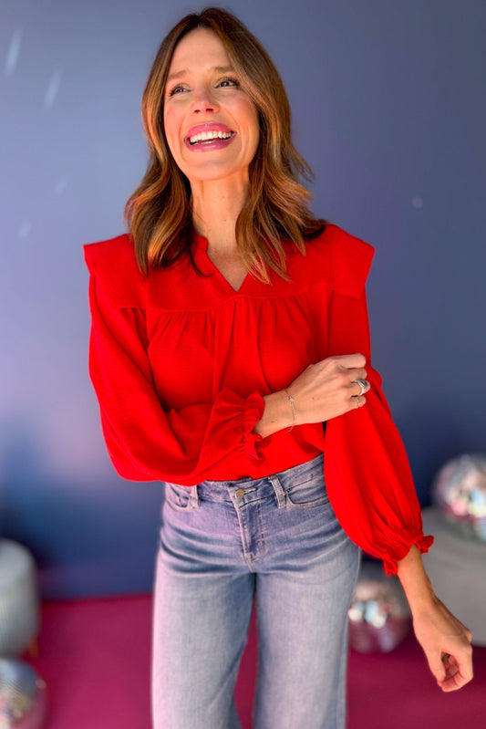 Red Split Neck Ruffle Shoulder Balloon Sleeve Top, must have top, must have style, elevated style, office style, office wear, work to weekend, red top, mom style, winter style, shop style your senses by mallory fitzsimmons