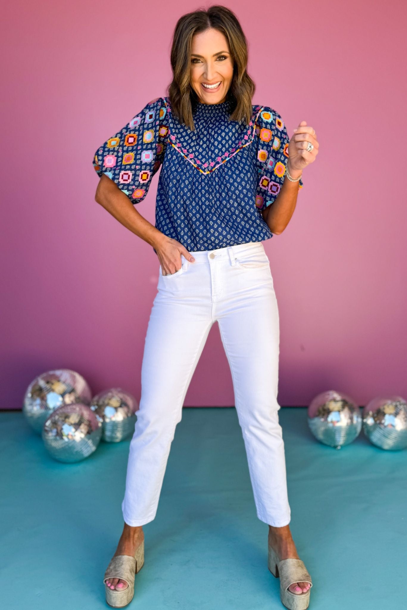THML Blue Embroidered Multi Print Mock Neck Short Sleeve Top, puff sleeve top, must have top, must have style, brunch style, summer style, spring fashion, elevated style, elevated top, mom style, shop style your senses by mallory fitzsimmons, ssys by mallory fitzsimmons