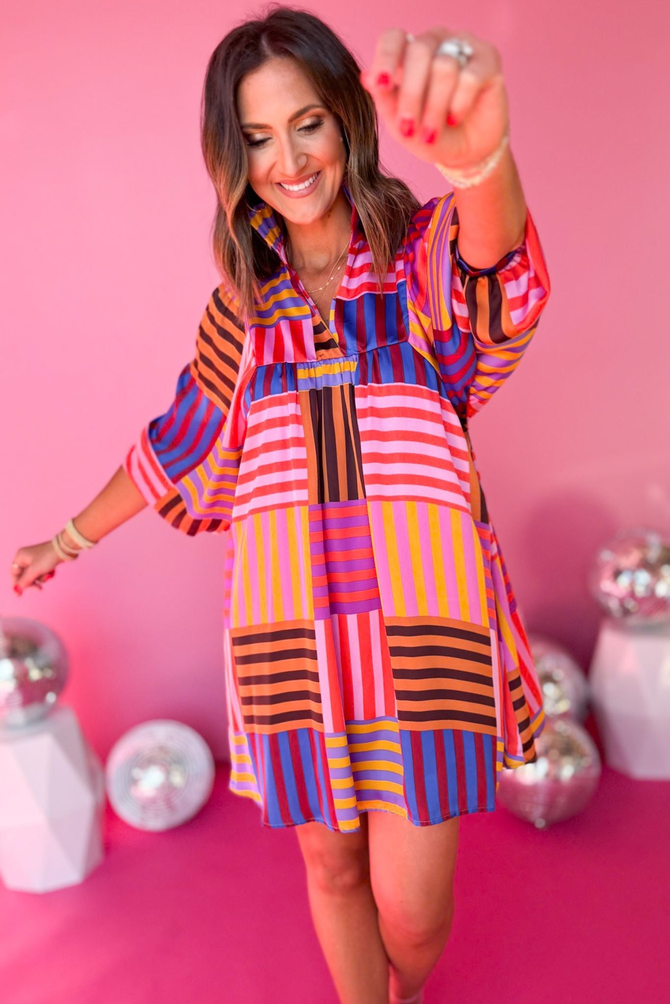 Lavender Multi Stripe Print High Ruffle Collar V Neck Dress, must have dress, must have style, coming soon, spring fashion, elevated style, elevated dress, mom style, spring collection, spring dress, shop style your senses by mallory fitzsimmons