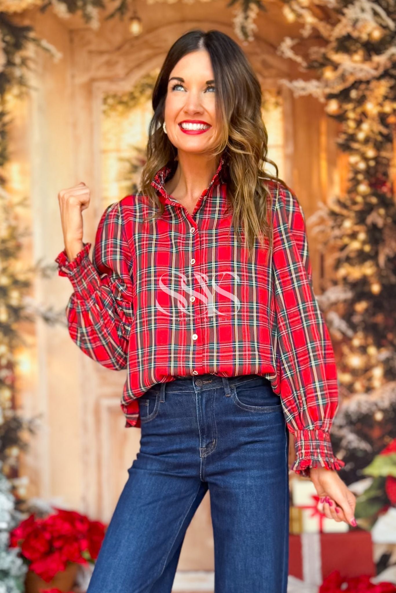 SSYS Serena Plaid Puff Smocked Long Sleeve Button Down Top In Red