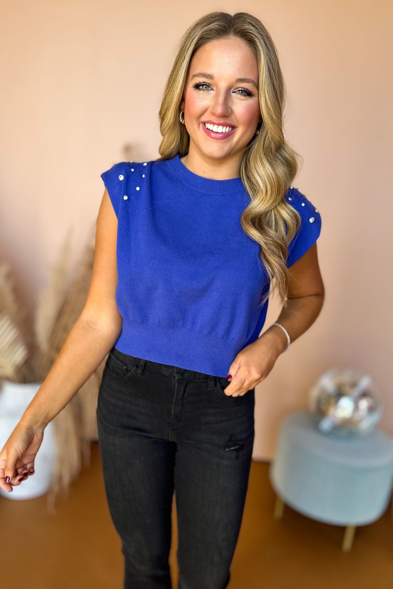 Cobalt Blue Embellished Shoulder Sleeveless Top, must have top, must have style, must have fall, fall collection, fall fashion, elevated style, elevated top, mom style, fall style, shop style your senses by mallory fitzsimmons