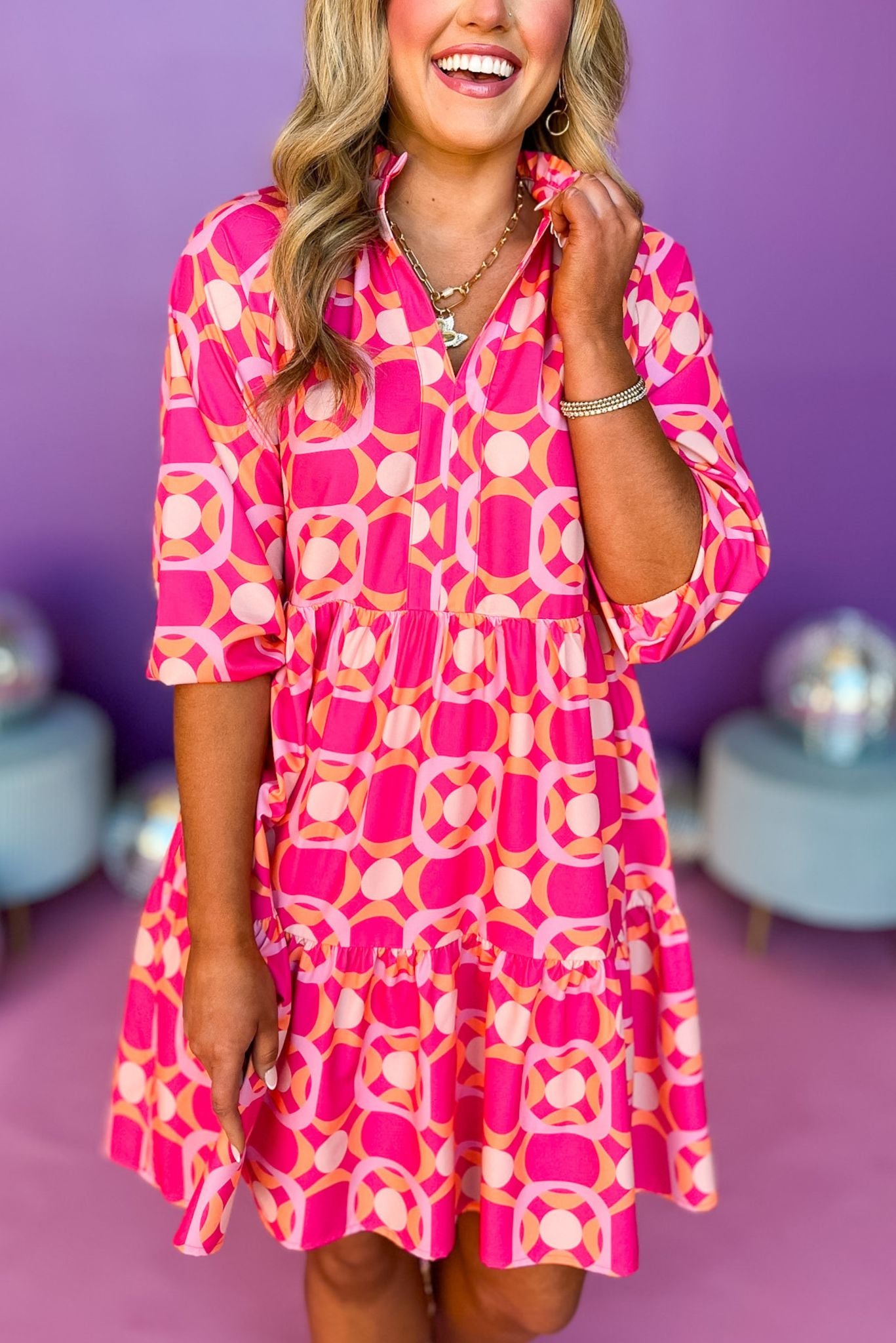 SSYS The Mix Print Tatum Dress In Hot Pink Geometric, ssys the label, ssys dress, must have dress, elevated dress, printed dress, mix print dress, mom style, church dress, weekend dress, brunch dress, shop style your senses by Mallory Fitzsimmons, ssys by Mallory Fitzsimmons Edit alt text
