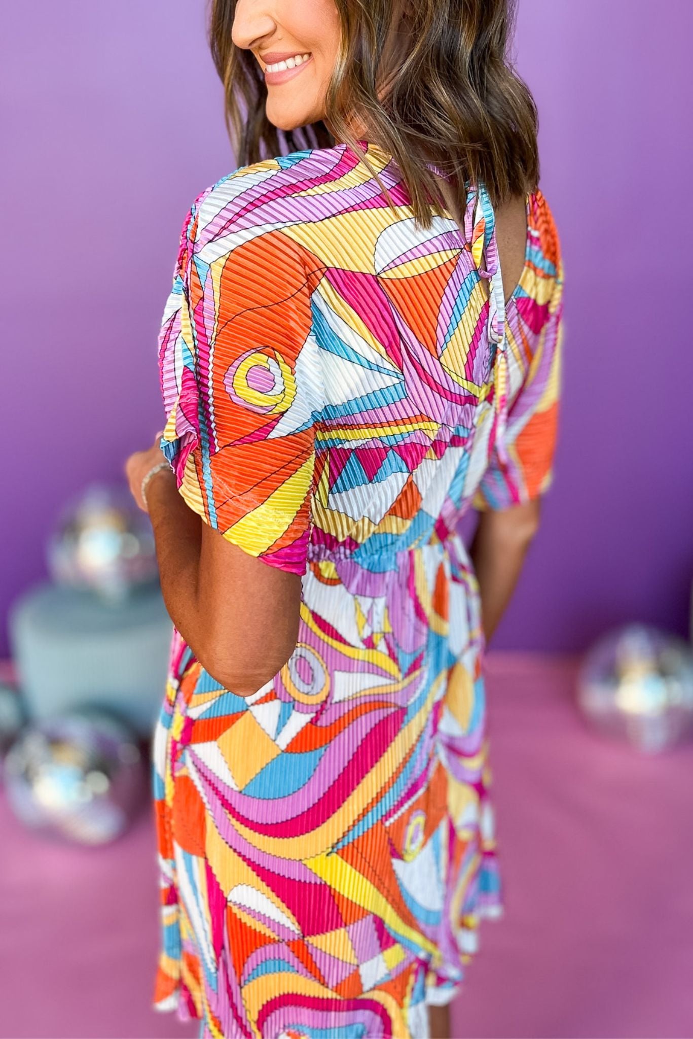 Fuchsia Multi Abstract Print V Neck Tie Back Short Sleeve Dress, groovy print, printed dress, must have dress, must have style, church style, brunch style, spring fashion, elevated style, elevated style, mom style, shop style your senses by mallory fitzsimmons, ssys by mallory fitzsimmons Edit alt text