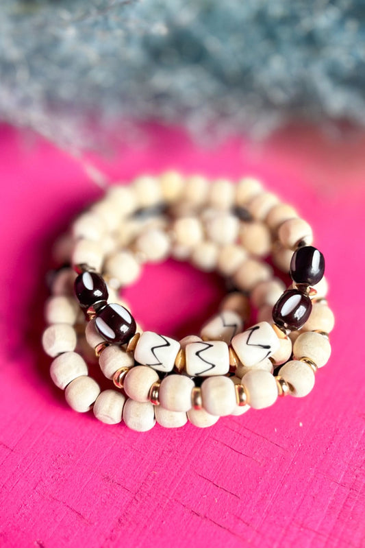 Cream Black Wood Beaded Stretch Bracelets, accessory, bracelet stack, must have accessory, shop style your senses by mallory fitzsimmons