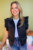 Black Quilted V Neck Ruffled Detail Zip Front Vest