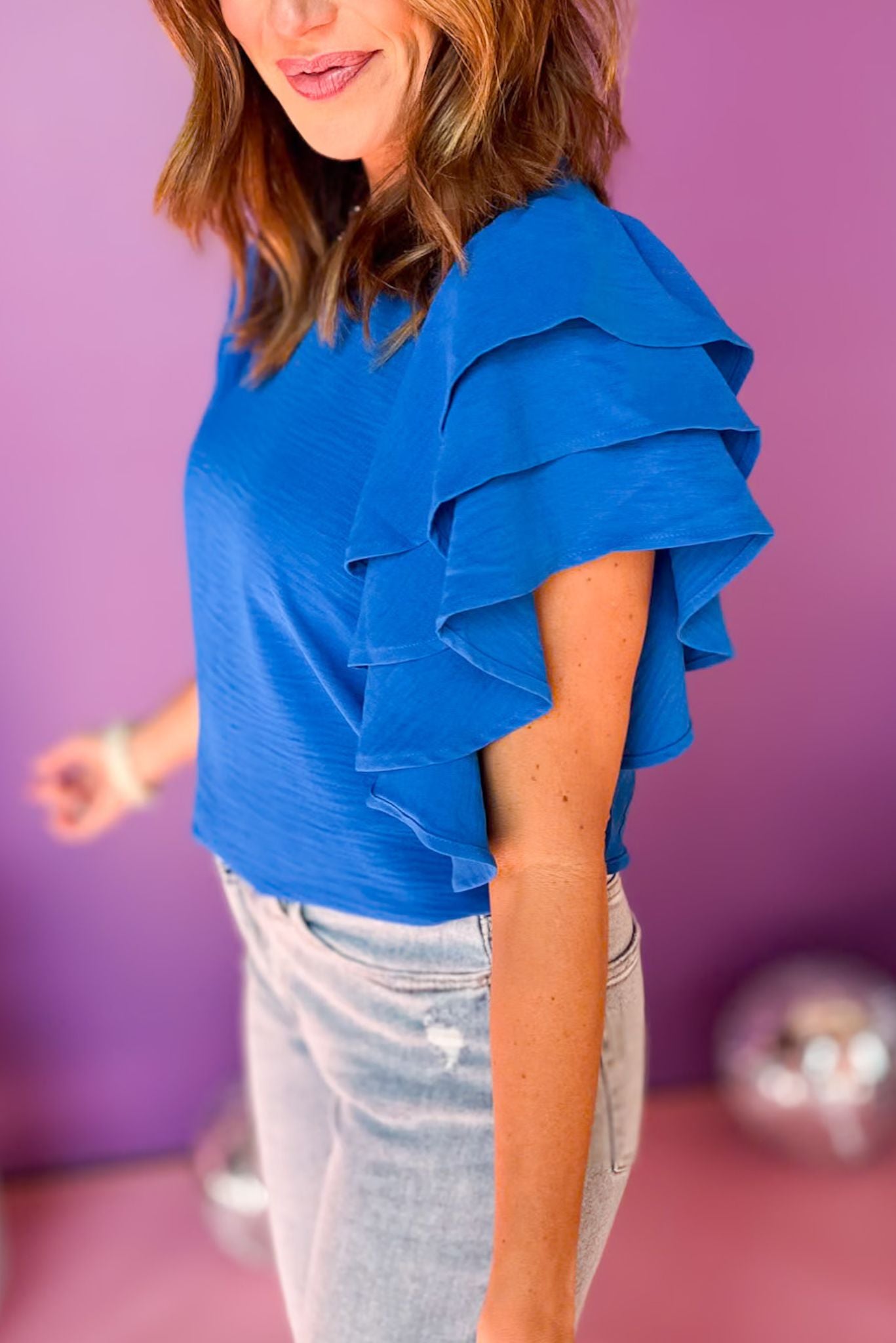 Ocean Blue Woven Multi-Tiered Ruffle Sleeve Top *FINAL SALE* *Final Sale*, saturday steal, must have top, must have style, brunch style, summer style, spring fashion, elevated style, elevated top, mom style, shop style your senses by mallory fitzsimmons, ssys by mallory fitzsimmons
