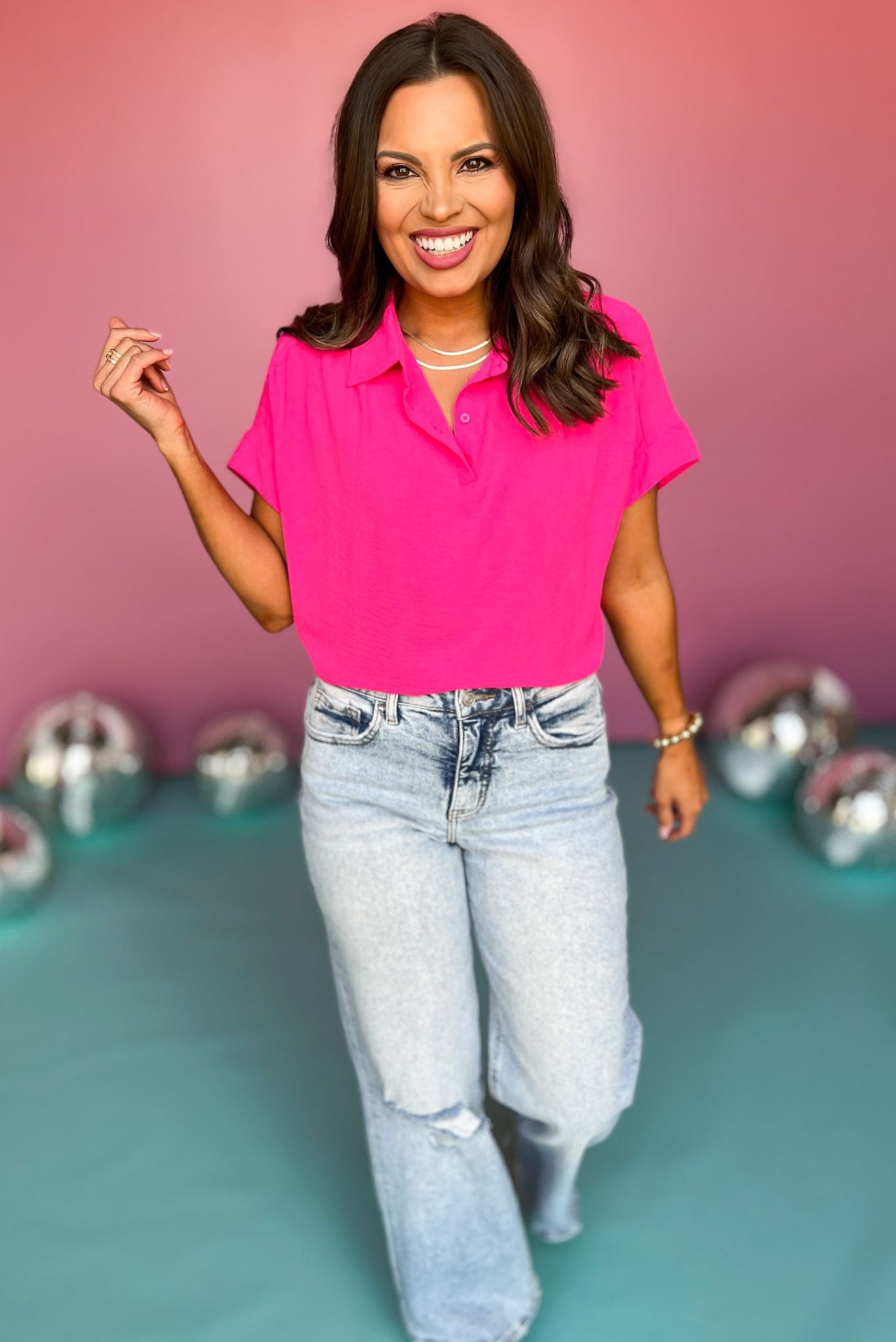 Pink Button Collared Short Cuff Sleeve Top, hot pink top, must have top, must have style, summer style, spring fashion, elevated style, elevated top, mom style, shop style your senses by mallory fitzsimmons, ssys by mallory fitzsimmons  Edit alt text