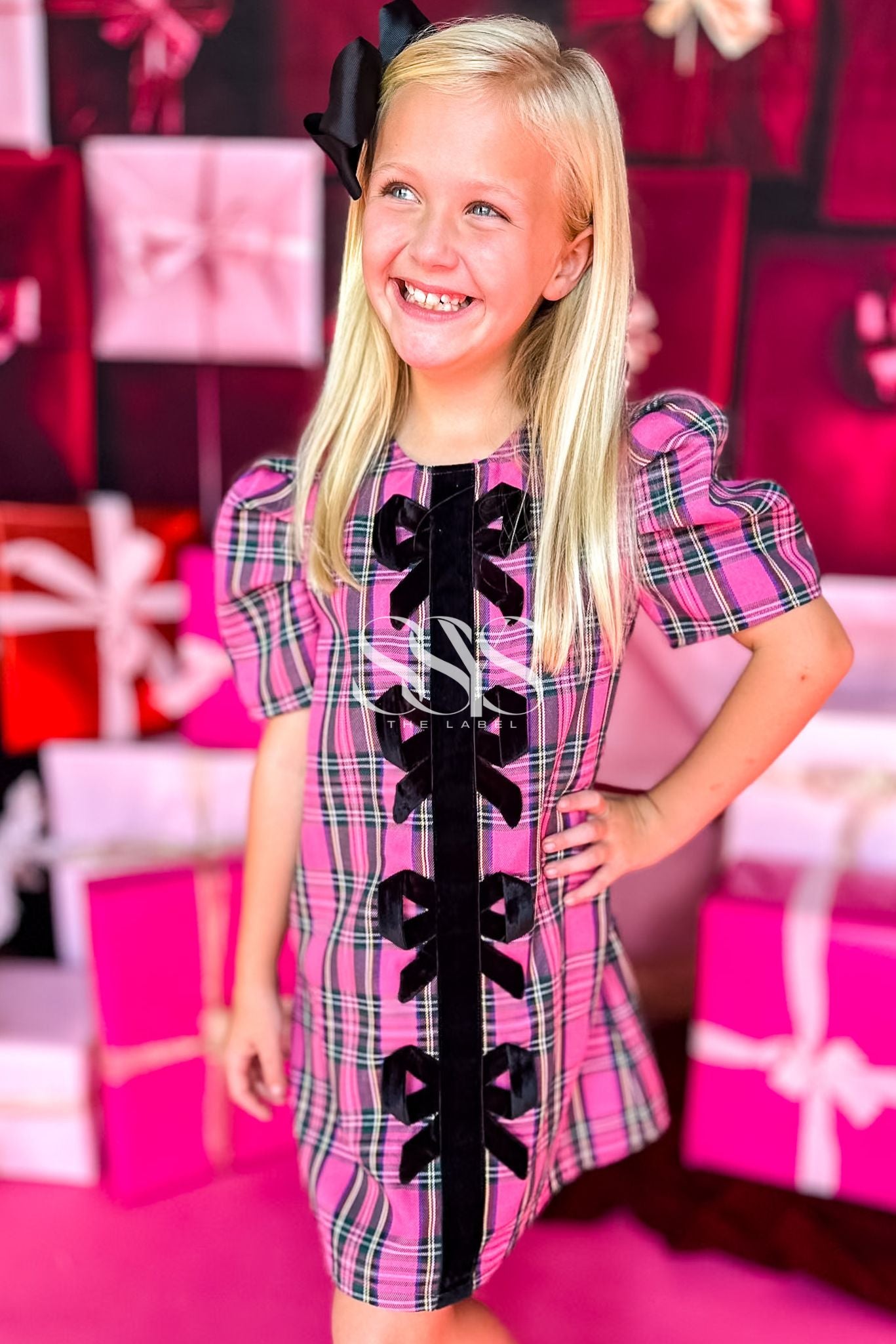 SSYS Kids Everly Velvet Bow Trim Puff Sleeve Shift Dress In Pink Tartan