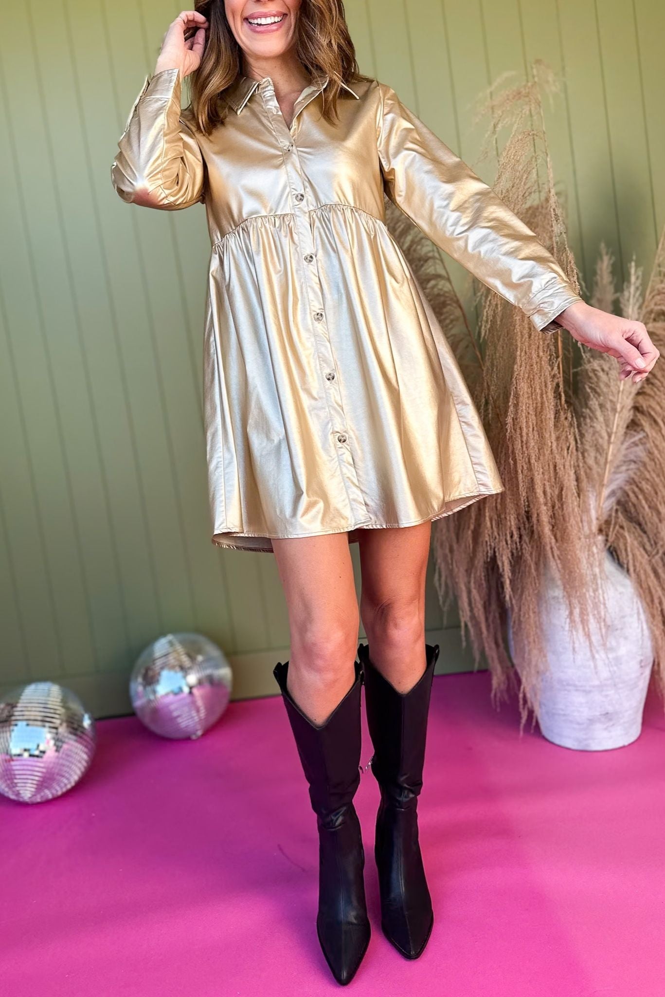 Gold Faux Leather Button Front Baby Doll Dress, must have dress, gold dress, elevated dress, must have gold, mom style, church style, weekend dress, shop style your senses by mallory fitzsimmons