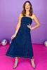 Indigo Denim Straight Strapless Full Skirt Raw Edge Hem Midi Dress, denim dress, western style, must have dress, must have style, weekend style, brunch style, spring fashion, elevated style, elevated style, mom style, shop style your senses by mallory fitzsimmons, ssys by mallory fitzsimmons