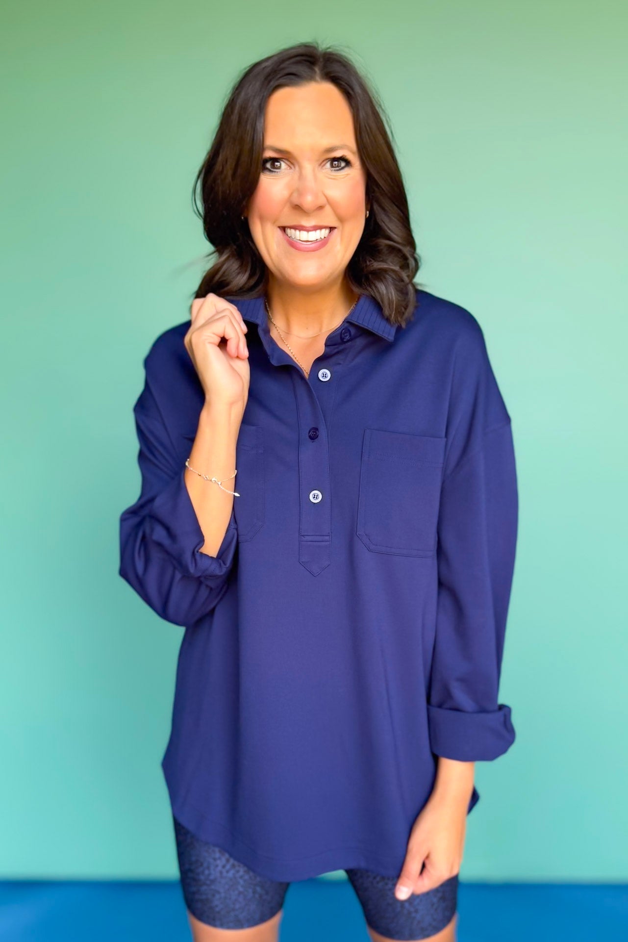 SSYS Emilia Collared Front Pocket Top In Navy