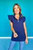 SSYS Navy Ruffle Shoulder Quarter Zip Collared Tunic