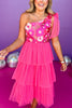 Hot Pink One Shoulder Flower Tulle Tiered Midi Dress, date night dress, elevated dress, cocktail dress, cocktail attire, elevated attire, mom style, fancy style, ssys by mallory fitzsimmons, shop style your senses by mallory fitzsimmons
