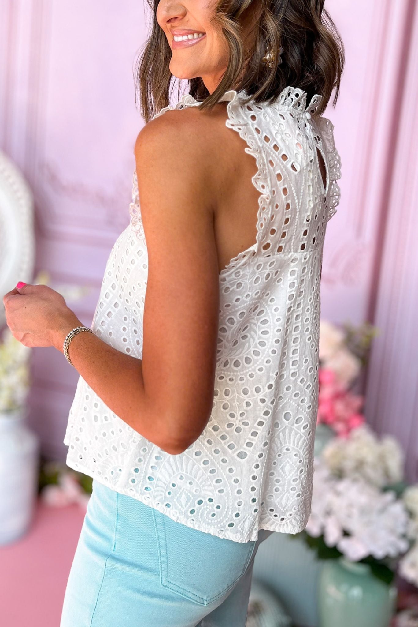 White Frill Neck and Shoulder Eyelet Sleeveless Top, must have top, must have style, brunch style, summer style, spring fashion, elevated style, elevated top, mom style, shop style your senses by mallory fitzsimmons, ssys by mallory fitzsimmons