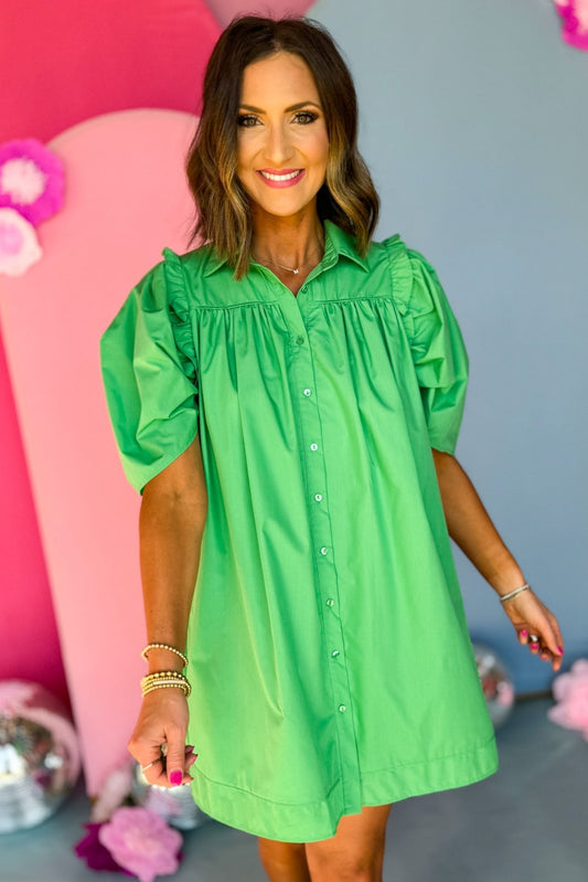 Green Poplin Collared Button Down Frill Puff Sleeve Dress, must have dress, must have style, church style, spring fashion, elevated style, elevated dress, mom style, work dress, shop style your senses by mallory fitzsimmons