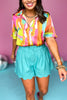 Turquoise High Rise Elastic Paper Bag Waist Scallop Hem Shorts, scallop shorts, must have shorts, spring shorts, brunch style, spring style, summer style, paperboy shorts, summer style, mom style, shop style your senses by mallory Fitzsimmons, ssys by Mallory Fitzsimmons  Edit alt text