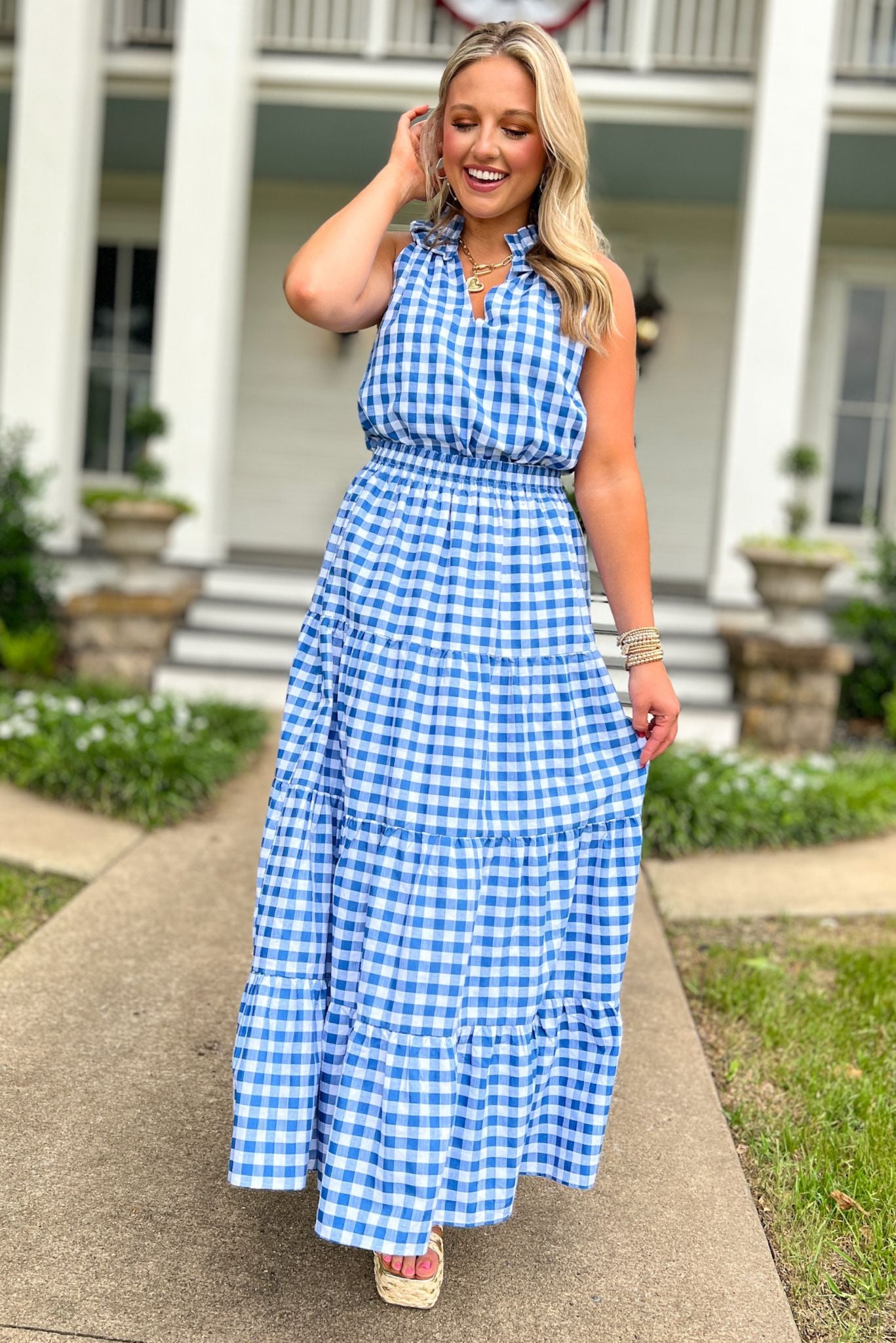 SSYS The Sadie Maxi Skirt In Blue Gingham, ssys skirt, ssys the label, elevated skirt, must have skirt, Fourth of July collection, must have style, mom style, summer style, shop style your senses by MALLORY FITZSIMMONS, ssys by MALLORY FITZSIMMONS